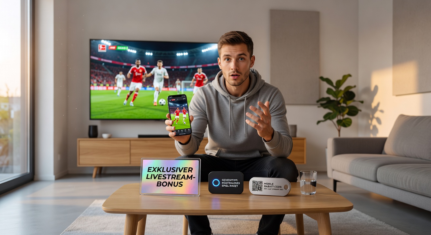 Smartphone mit Live-Fußball-Übertragung und Promo-Pop-up auf dem Bildschirm, typisch für deutsche Wett-Apps