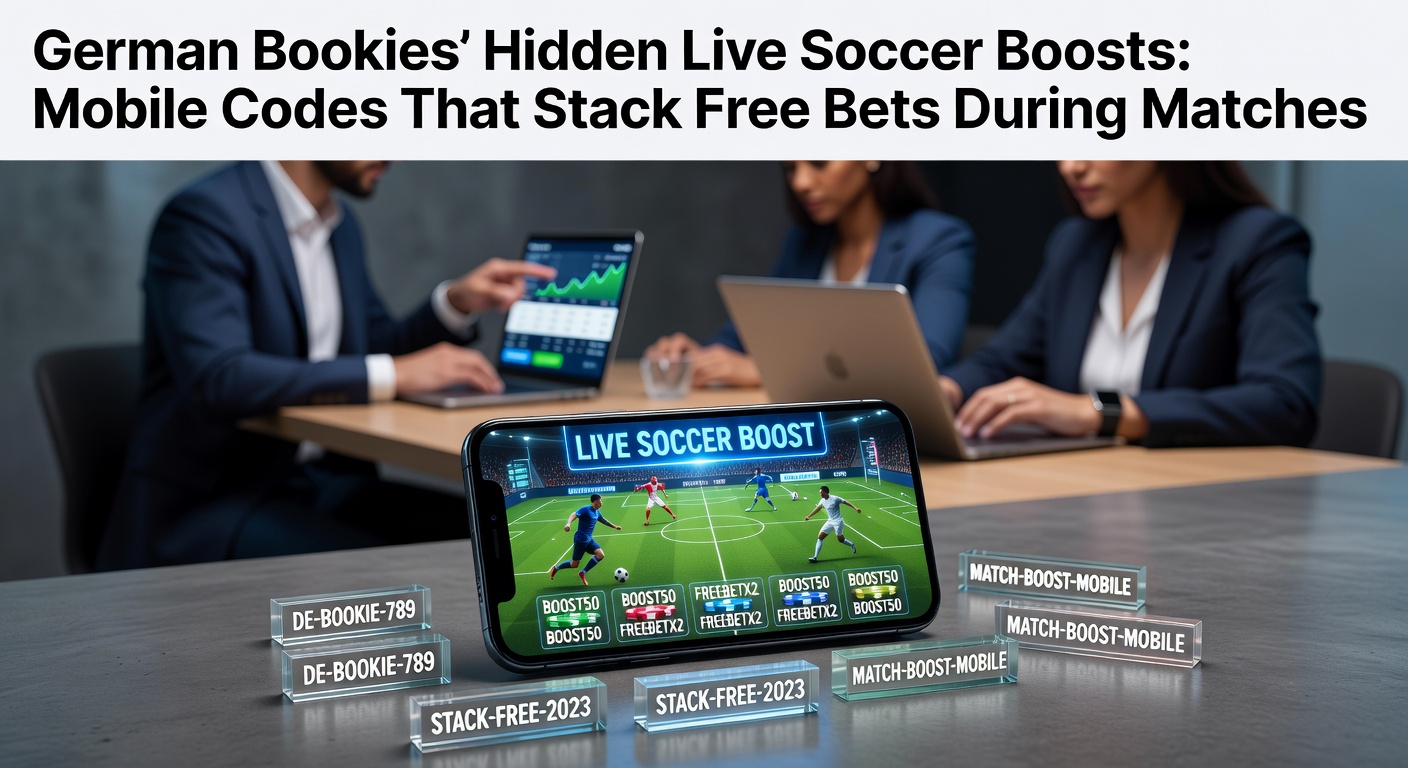 Smartphone mit Live-Fußball-Wetten-App und überlagerten Promo-Codes auf dem Bildschirm einer Bundesliga-Partie