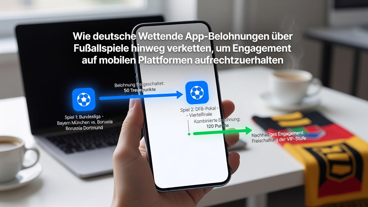 Darstellung einer mobilen Wett-App mit gestapelten Belohnungen und Fortschrittsanzeige über aufeinanderfolgende Fußballbegegnungen