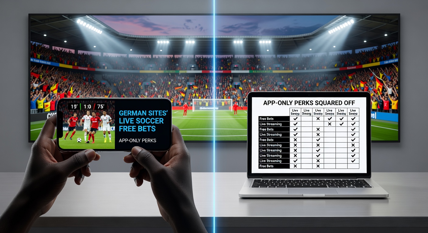 Smartphone mit Live-Fußball-Wett-App im Vordergrund, deutsche Buchmacher-Logos und Gratiswett-Icons sichtbar