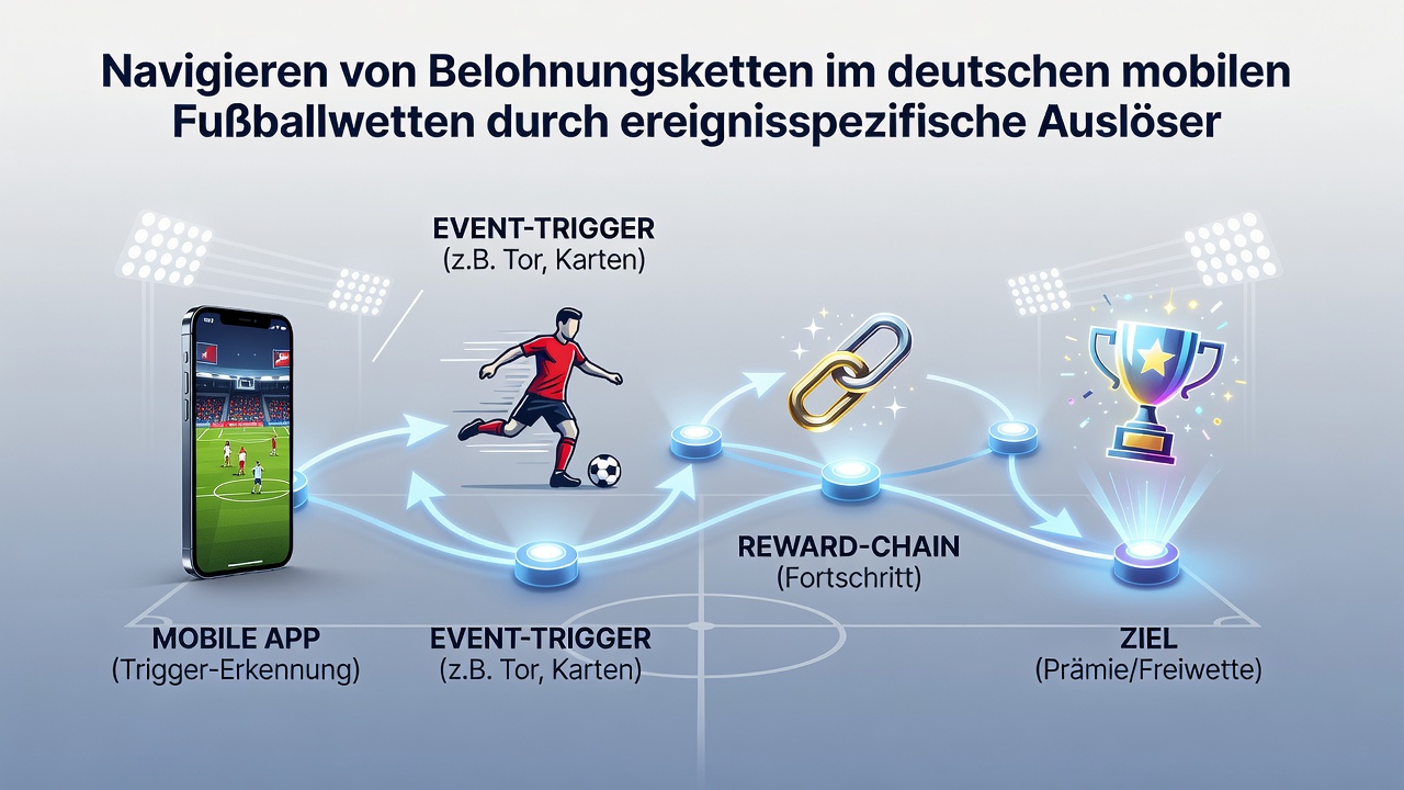 Diagramm einer Belohnungskette mit ereignisspezifischen Triggern für Fußballwetten auf einer mobilen Plattform